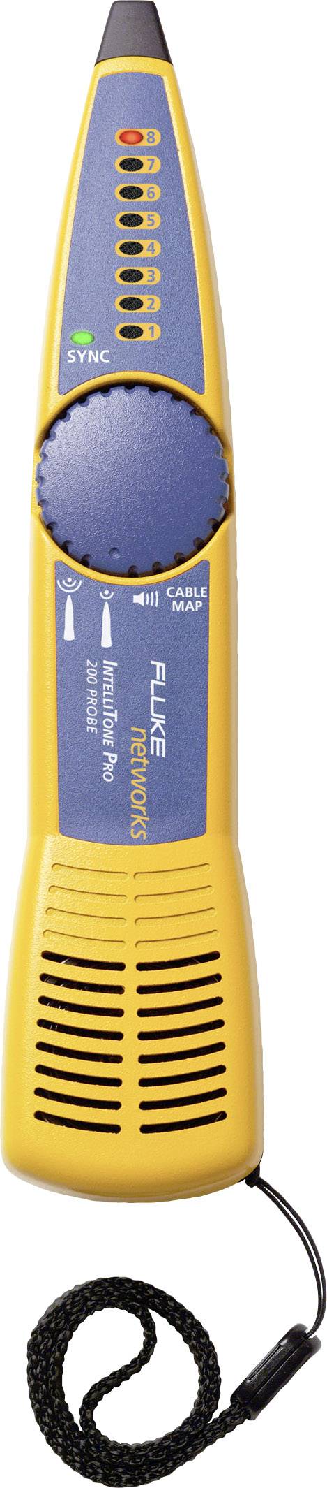 Appareil de test de tension jaune avec échelle bleue et LEDs indiquant les niveaux de tension. Modèle : 'Fluke Networks Intellitone Pro 200'.