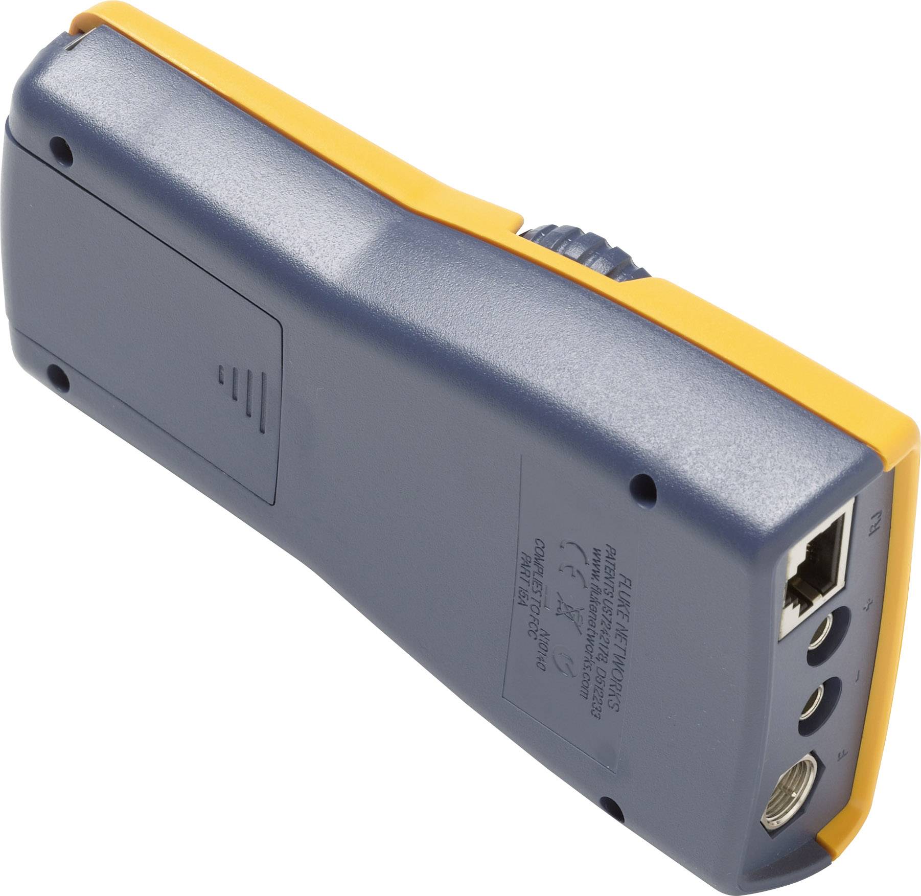 Testeur de réseau dans un boîtier bleu et jaune avec différents ports et un indicateur LED pour vérifier les câbles réseau.