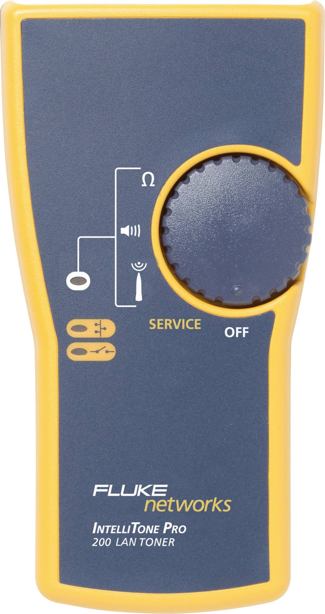 Un appareil jaune et bleu de test de câbles de 'Fluke Networks', modèle 'IntelliTone Pro 200 LAN Toner', avec un bouton rotatif et des symboles pour la sélection des fonctions.