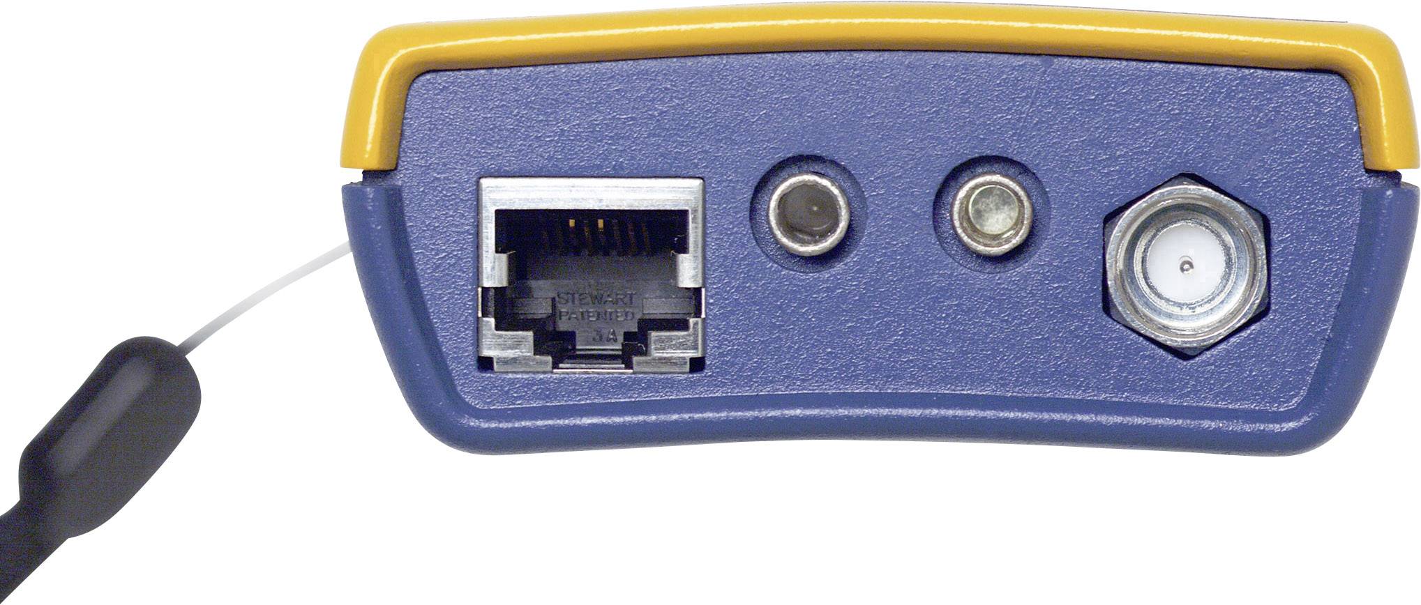 Un appareil électronique bleu avec un bord jaune et plusieurs ports : Ethernet, port circulaire et port à connecteur hexagonal.