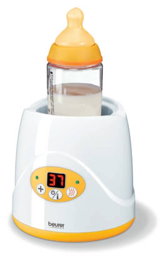 Chauffe-biberon avec affichage digital indiquant 37 degrés Celsius. La bouteille est placée dans le chauffe-biberon. Boutons de commande à l'avant.