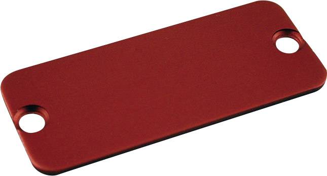 Pièce métallique rouge rectangulaire aux coins arrondis avec deux trous sur les côtés courts.