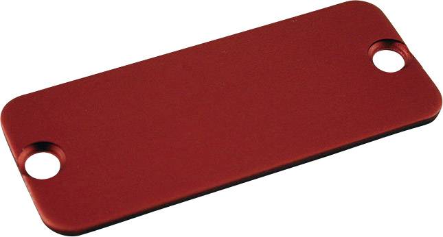 Plaque rectangulaire rouge en tôle avec des coins arrondis et deux trous sur les côtés les plus courts, généralement utilisée à des fins de fixation.