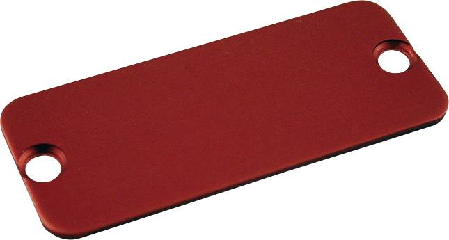 Une pièce métallique rectangulaire rouge avec deux trous à ses extrémités, souvent utilisée pour la fixation ou l'identification.