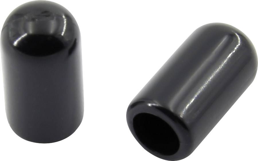 Deux embouts en plastique noir, l'un debout et l'autre couché. Ils sont lisses et de forme cylindrique.