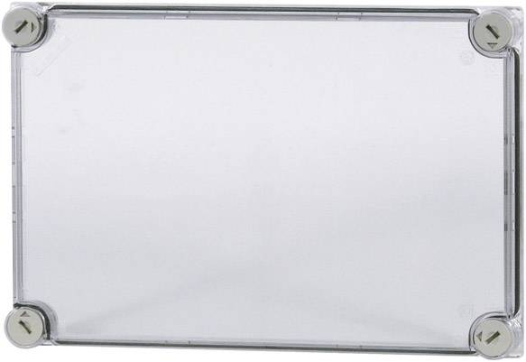 Boîte transparente à quatre coins, chacun sécurisé par une vis, sur fond blanc.