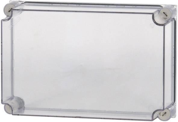 Couvercle en plastique transparent pour un dispositif rectangulaire, fixé avec quatre vis aux angles.