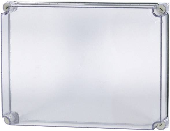 Couvercle transparent d'un boîtier rectangulaire en plastique fixé par des vis dans les coins.
