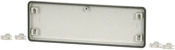 Support de plaque d'immatriculation vide en plastique de forme rectangulaire avec clips latéraux. Adapté pour la fixation d'une plaque d'immatriculation de véhicule.