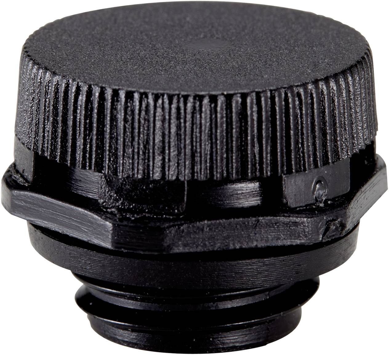 Bouchon noir en plastique à surface striée, de forme cylindrique, souvent utilisé pour sceller des contenants.