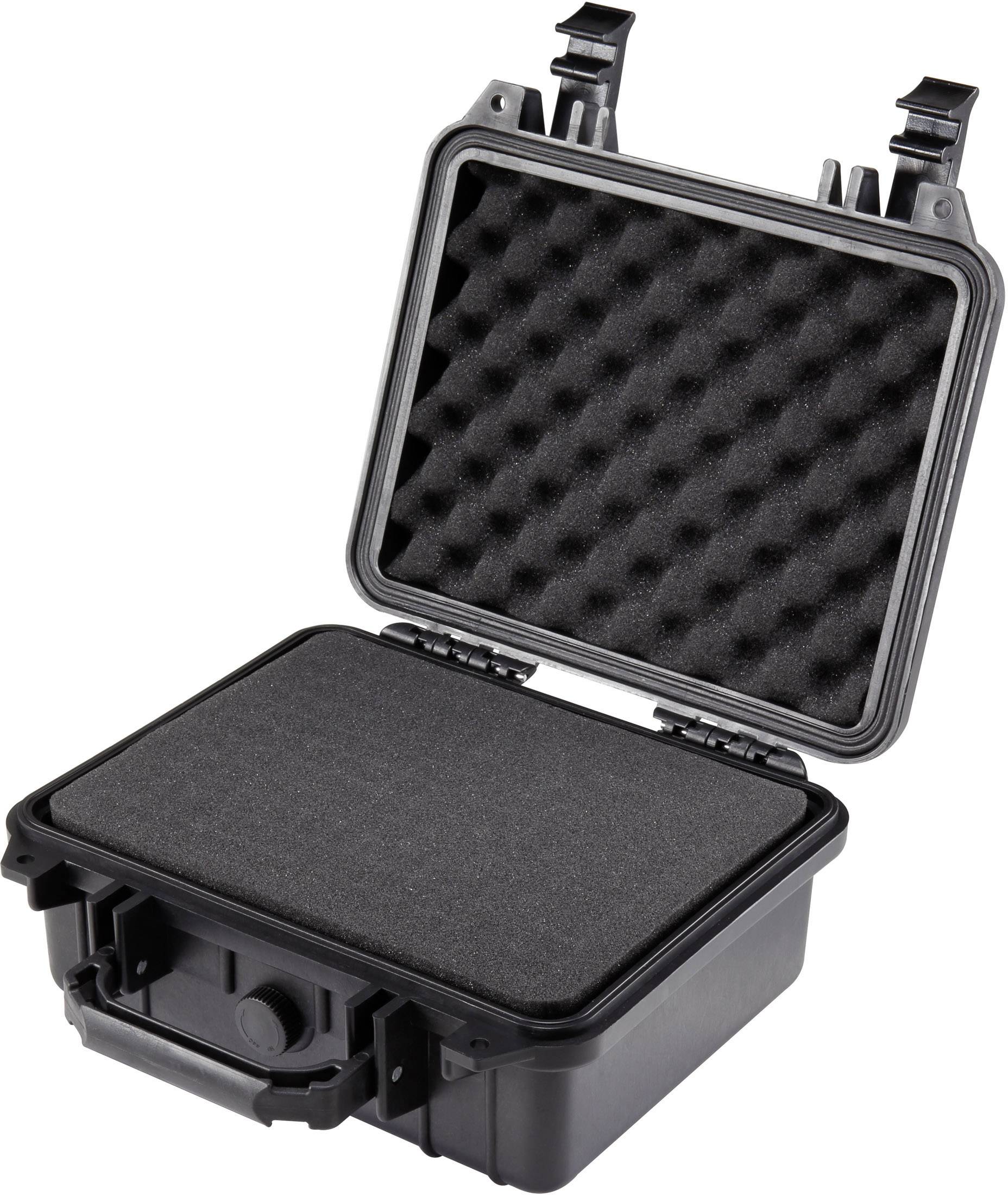 Valise rigide noire ouverte avec rembourrage en mousse à l'intérieur, adaptée au transport sécurisé d'équipements sensibles.