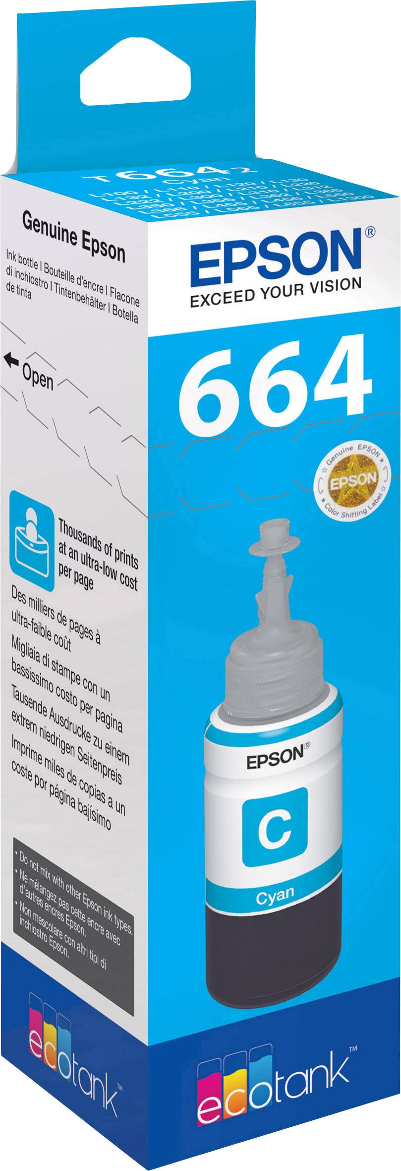 Une bouteille d'encre cyan Epson 664 pour imprimantes Ecotank, portant sur l'emballage les mentions 'Cyan' et 'Epson Authentique'.