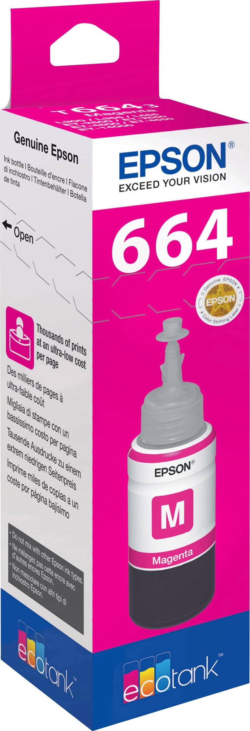 Bouteille d'encre magenta de marque Epson, modèle 664, pour imprimantes Ecotank.