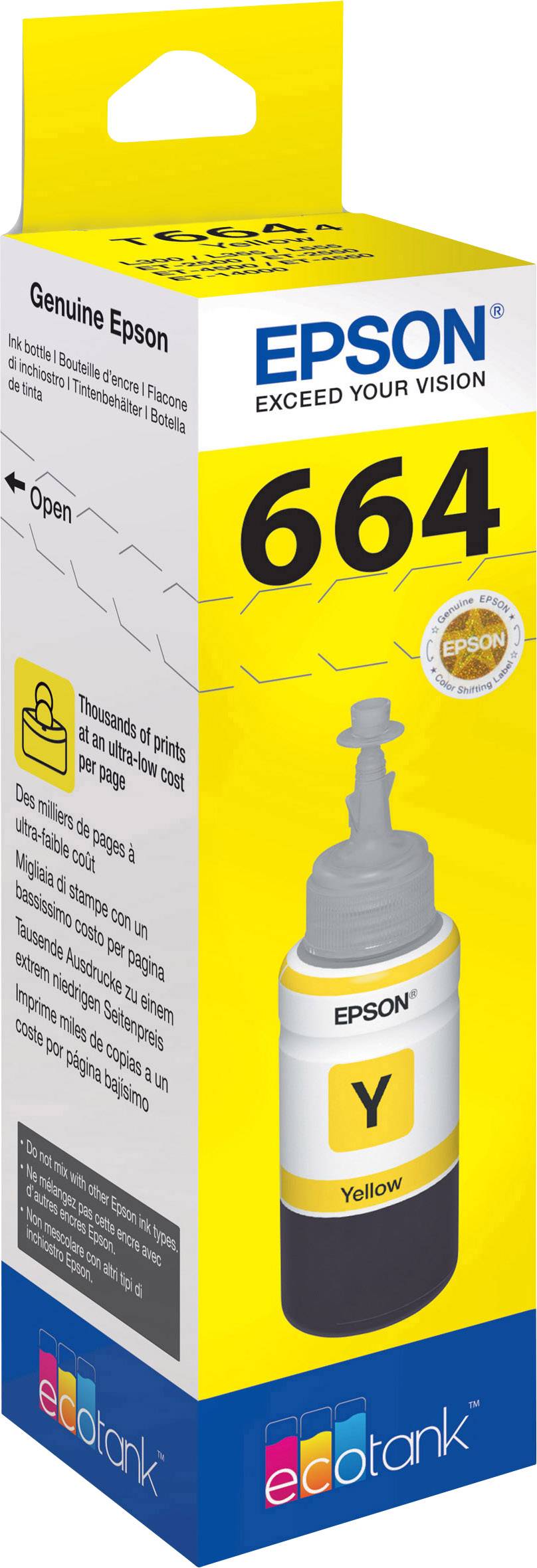 Bouteille d'encre Epson 664 en jaune, compatible avec les imprimantes EcoTank. L'emballage présente une image du produit et le logo de la marque.