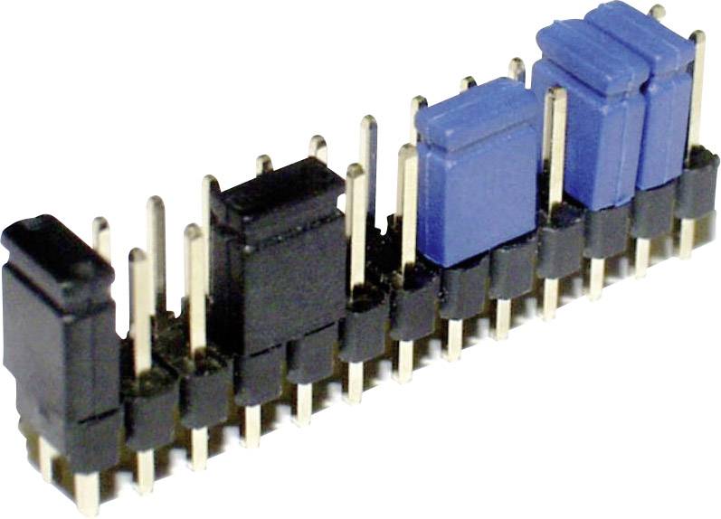 Un jumper électronique avec broches et capuchons en plastique, principalement en noir et bleu, utilisé pour la configuration de circuits.