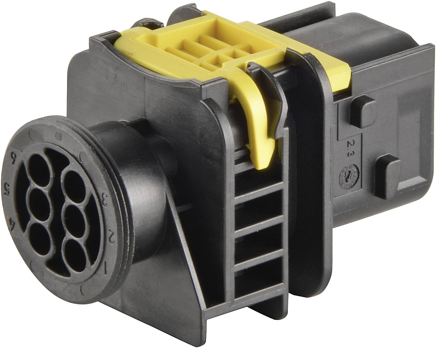 Un connecteur électrique noir, rectangulaire, avec un élément de verrouillage jaune et une surface de connexion à six pôles.