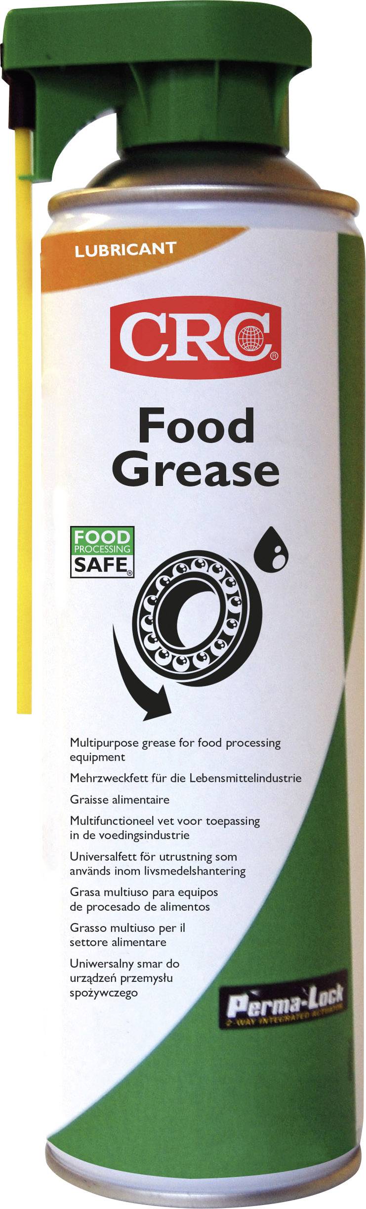 Un aérosol étiqueté 'Food Grease', adapté pour le traitement alimentaire. Portant l'inscription 'Lubrifiant' en haut, avec l'étiquette 'Alimentaire'.
