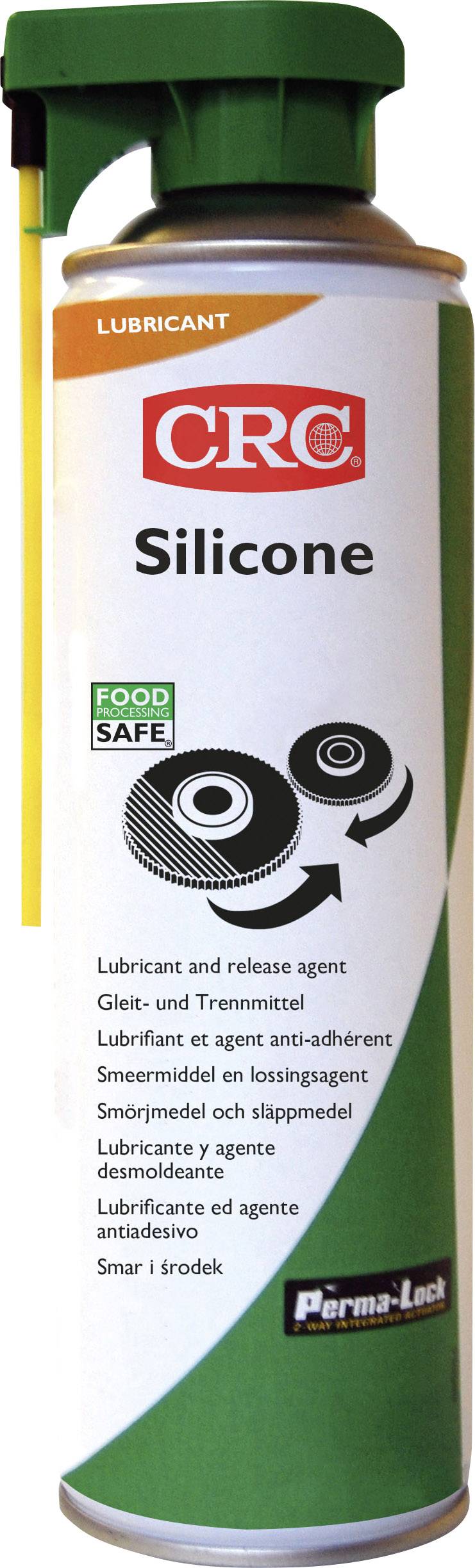 Bombe aérosol CRC Silicone, sûre pour les aliments. Contient des agents lubrifiants et séparateurs pour diverses applications.
