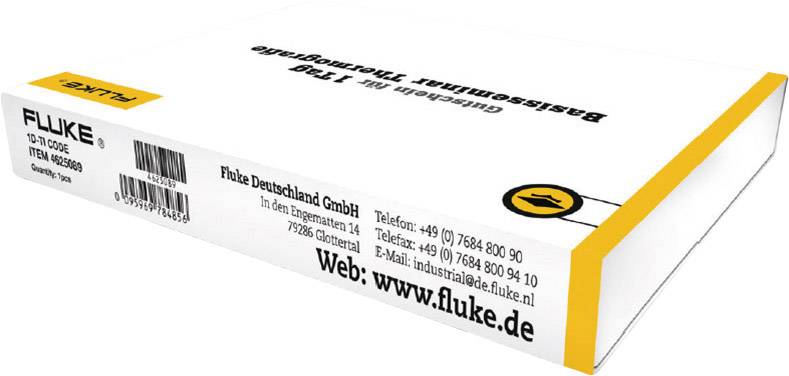 Un colis portant l'inscription 'Fluke Deutschland GmbH', contenant l'adresse de l'entreprise, les numéros de téléphone et l'adresse web : www.fluke.de.