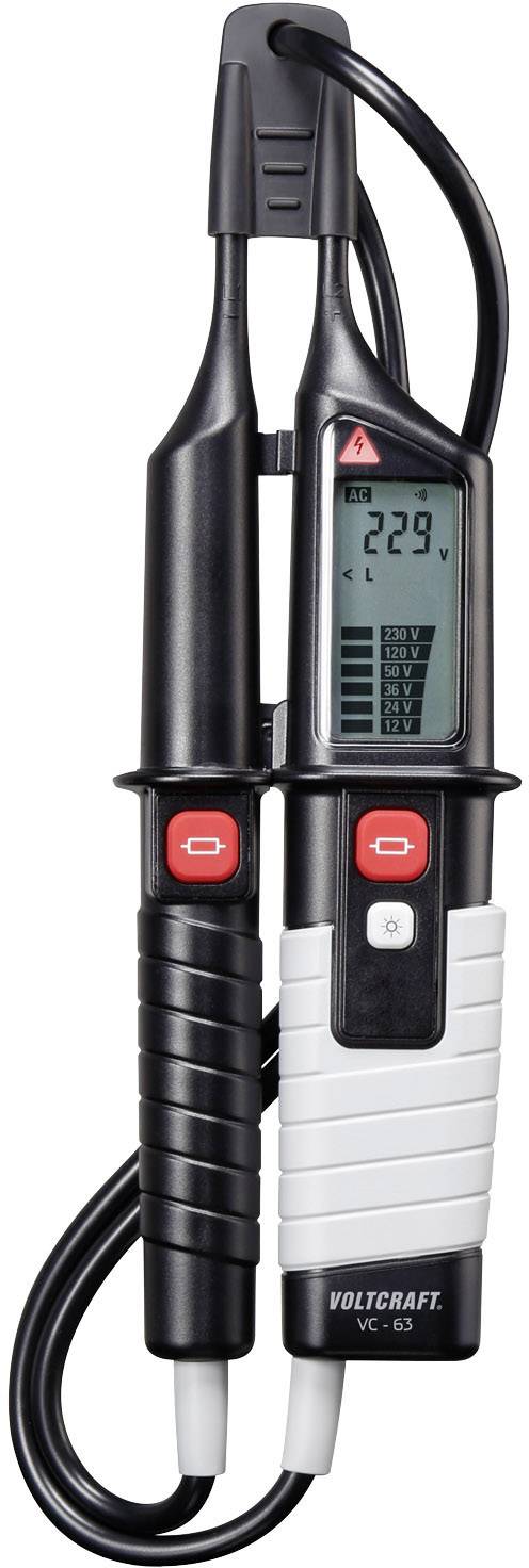 Appareil de mesure numérique de tension avec affichage indiquant '229 V'. L'appareil est équipé de deux sondes et est conçu pour des mesures de tension précises.