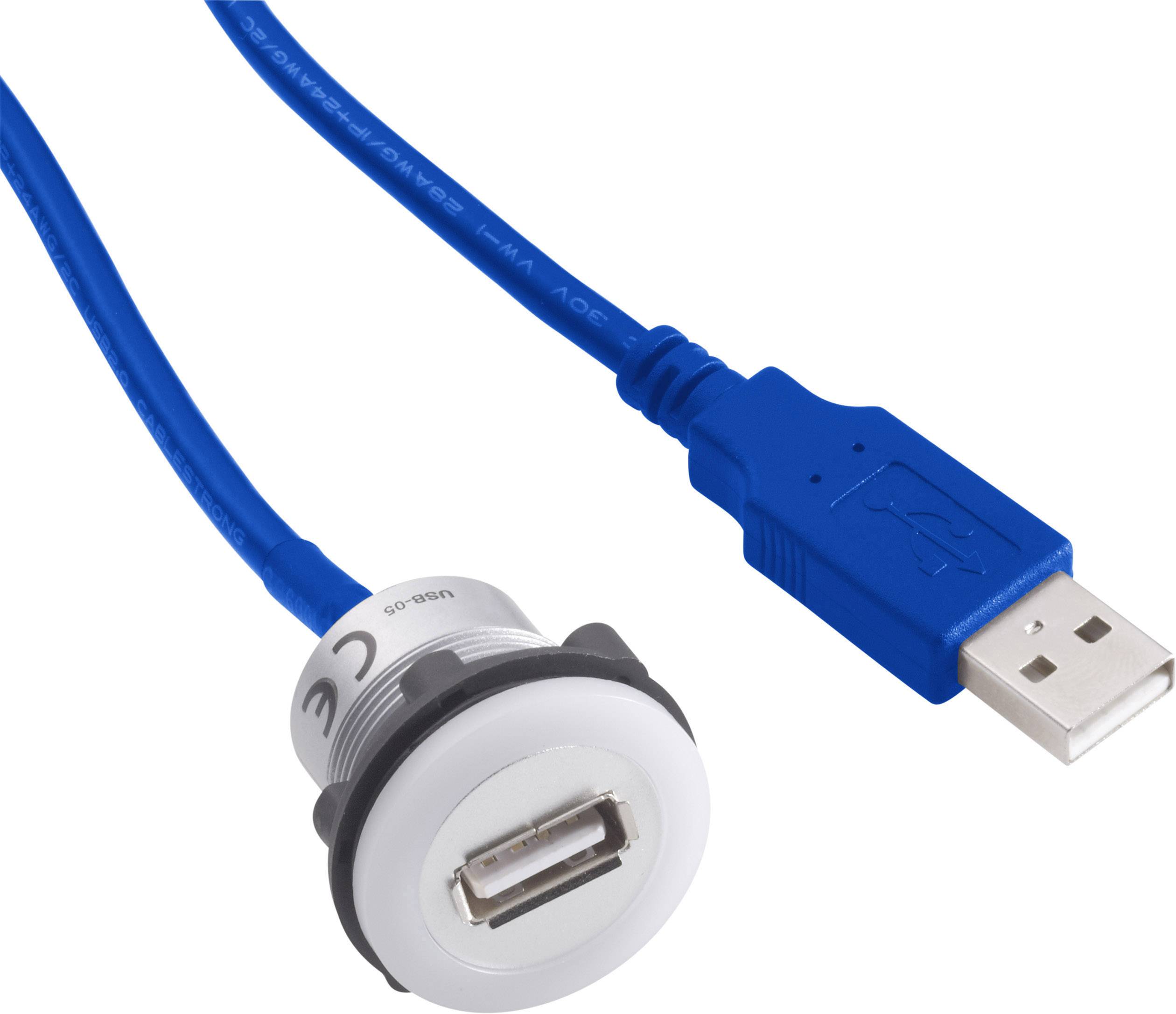 Câble d'extension USB avec fiche bleue à droite et port blanc à gauche, adapté pour connecter des appareils via USB.