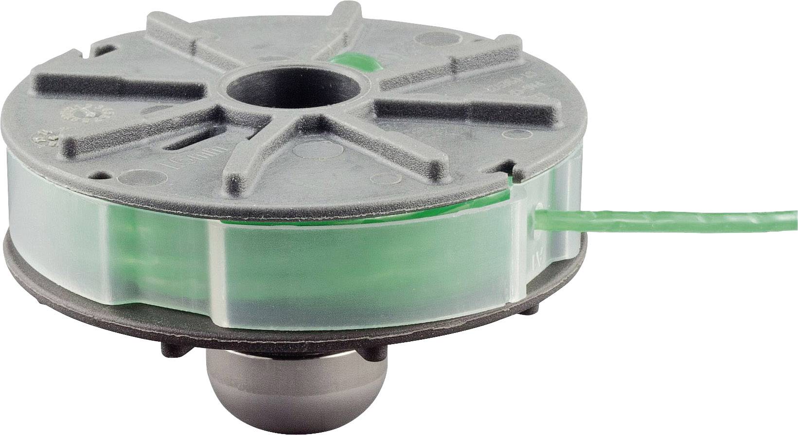 Bobine ronde avec du fil vert, boîtier en plastique et ouverture centrale, couramment utilisée dans les outils de jardin pour l'élagage.