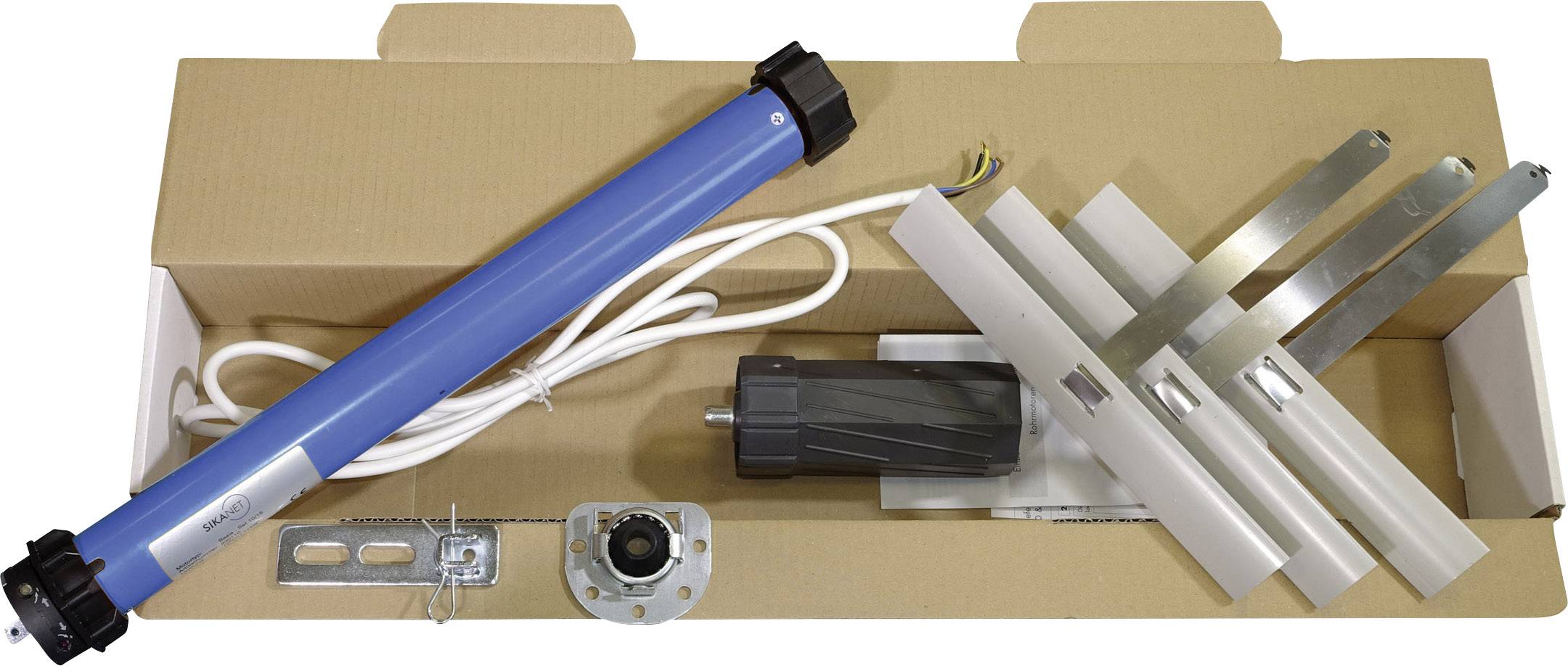 Un kit de moteur de volet roulant électrique avec un moteur bleu, des accessoires de montage et des câbles dans un emballage en carton.