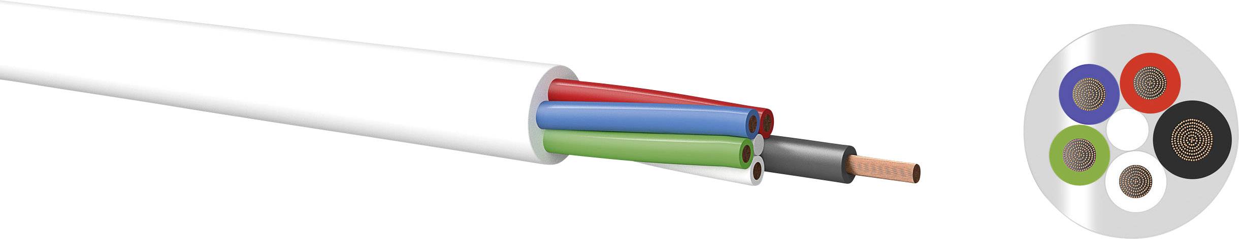 Coupe transversale d'un câble multibrins à quatre fils de couleurs : rouge, vert, bleu et noir. Les extrémités des fils sont de couleur cuivre.