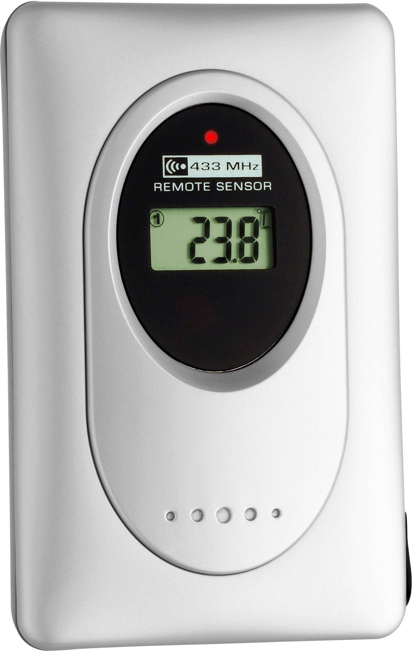 Un capteur de température argenté affiche '23,8°C' sur un petit écran. En haut est inscrit '433 MHz Remote Sensor'.