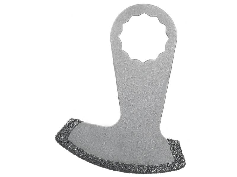 Une lame oscillante avec une ouverture circulaire en haut et un bord de coupe arrondi, adaptée pour couper ou meuler.