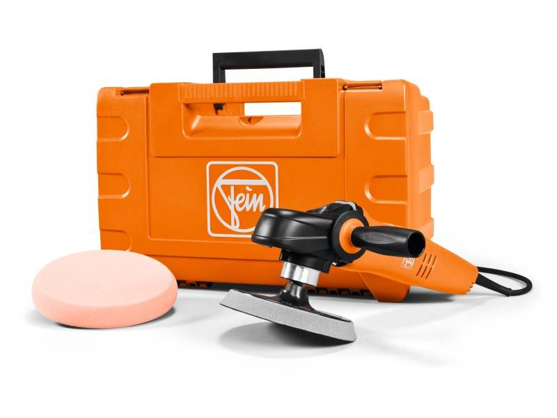Coffret à outils orange avec le logo 'Fein', à côté se trouvent une polisseuse électrique et un pad de polissage.