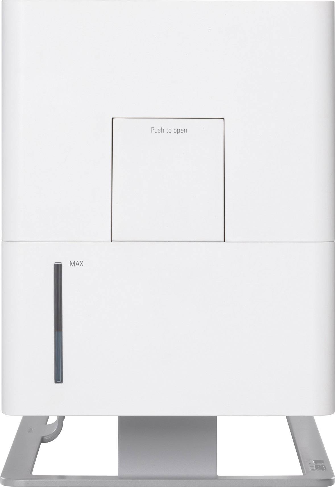 Un déshumidificateur blanc avec un réservoir d'eau affiche un indicateur de niveau d'eau.