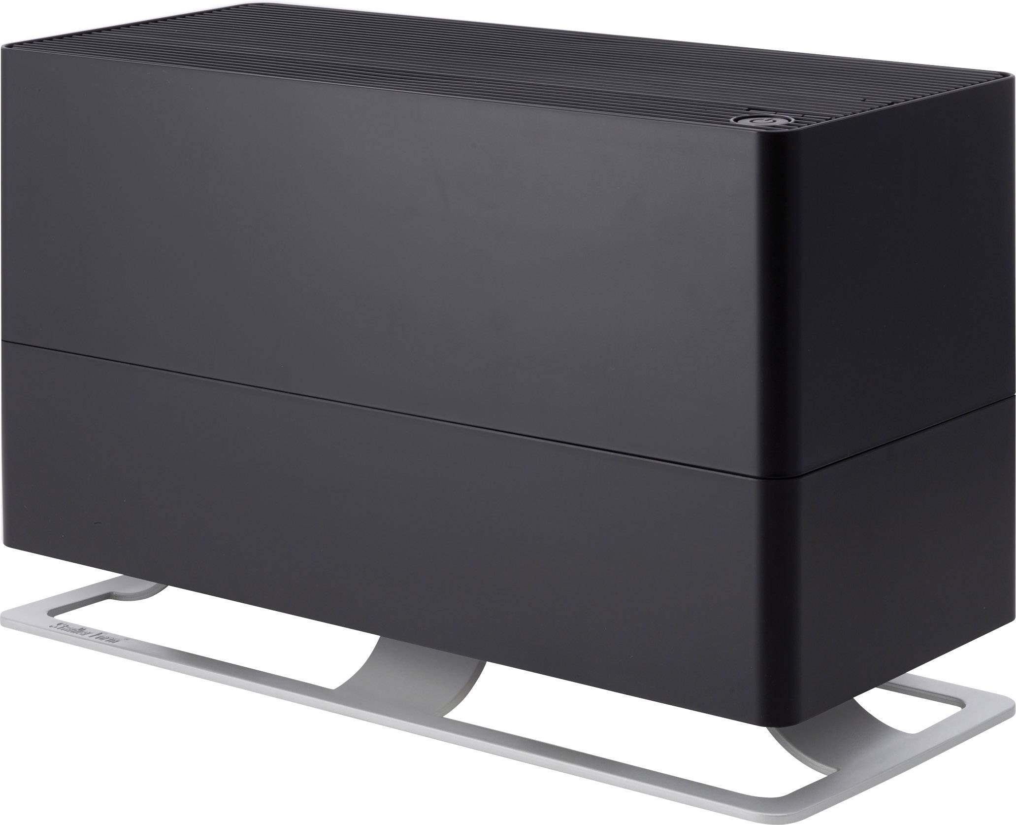 Un humidificateur noir et rectangulaire sur un socle blanc. Design moderne, adapté aux espaces résidentiels ou de bureau.