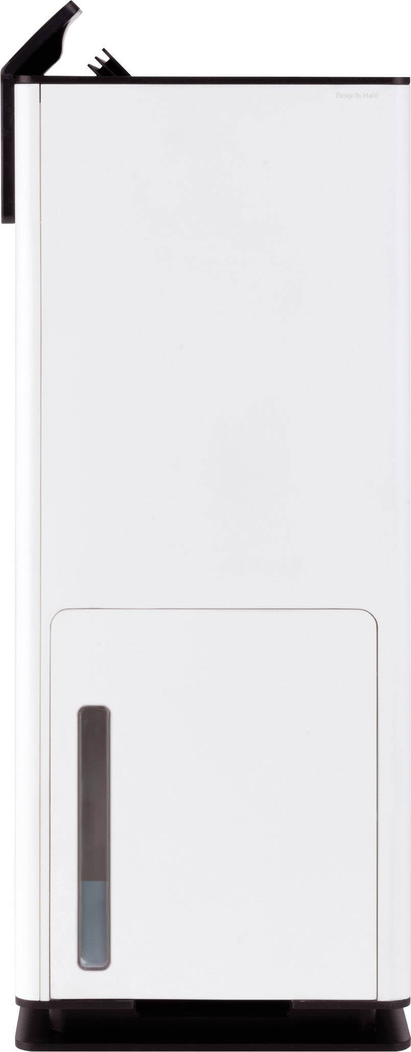 Déshumidificateur blanc rectangulaire avec indicateur de niveau d'eau situé en bas à droite, positionné verticalement.