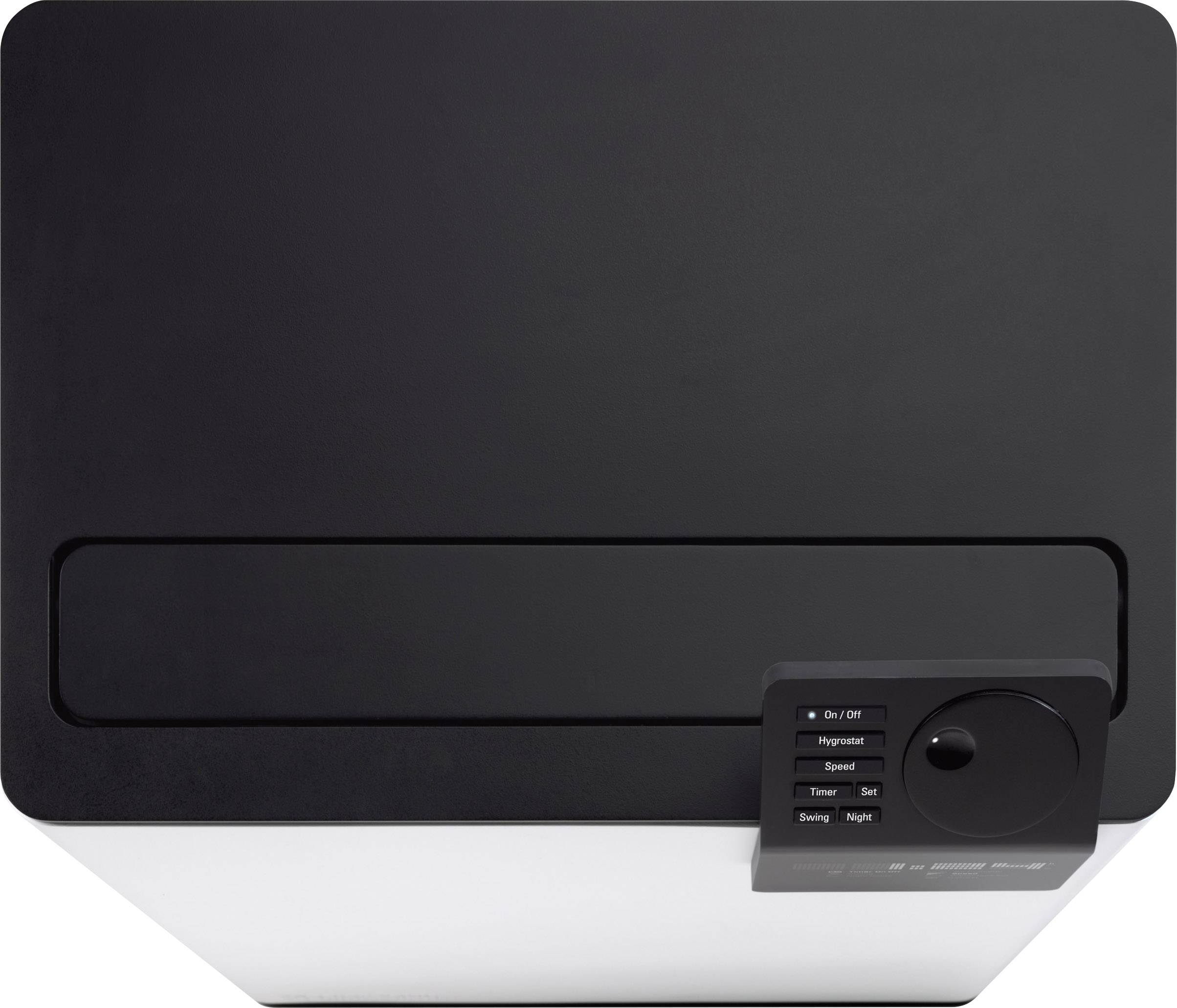 Purificateur d'air vue de dessus, avec panneau de commande en bas à droite. Touches pour Marche/Arrêt, vitesse, minuterie, mode nuit et hygrostat.