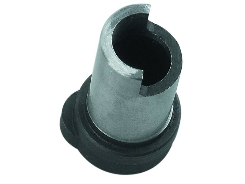 Une pièce cylindrique métallique avec une bordure dentelée sur le dessus et un bord plus large en bas, probablement une pièce de machine.