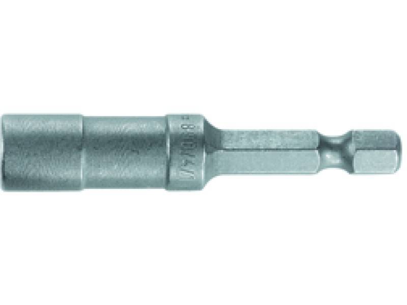 Embout de vissage hexagonal en métal de couleur argentée, adapté pour les opérations de vissage avec des perceuses ou des tournevis.