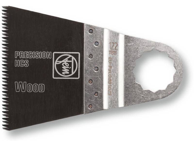 Lame de scie multifonction avec l'inscription 'Precision HCS Wood', adaptée aux travaux sur bois. Fixation argentée.