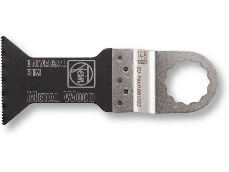 Lame de scie oscillante portant l'inscription 'UNIVERSAL BIM METAL WOOD', adaptée pour l'usinage du bois et des métaux.