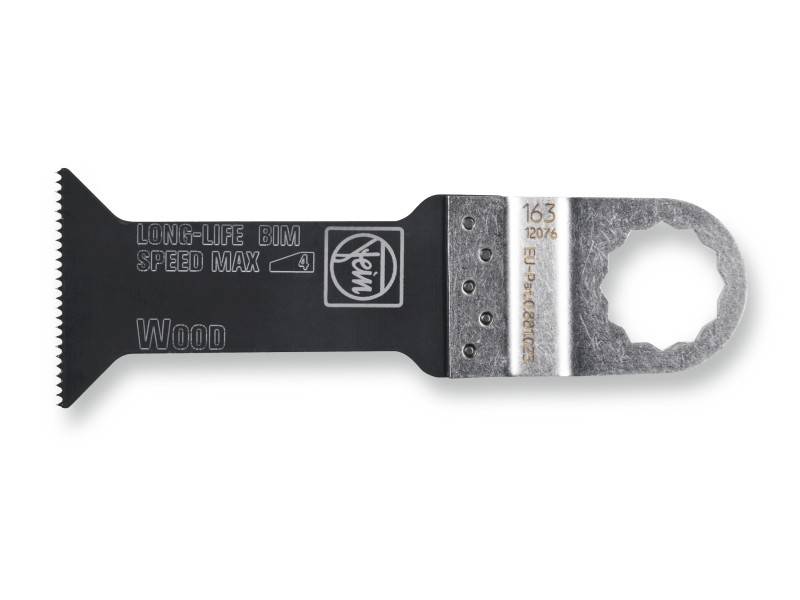 Lame de scie pour outil oscillant, adaptée aux travaux sur bois, portant l'inscription 'LONG-LIFE BIM SPEED MAX' et 'Wood'.