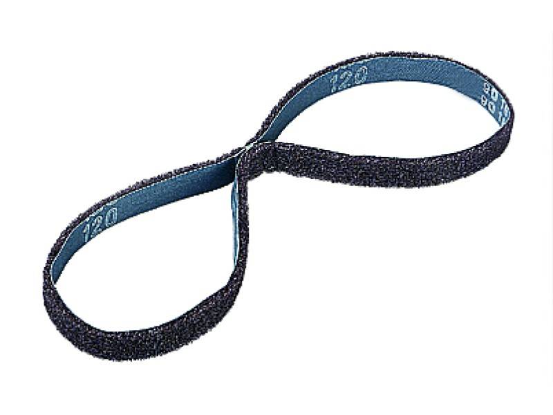 Bande abrasive en forme de boucle, bleue avec un grain noir, les nombres '120' et '80' sont visibles.