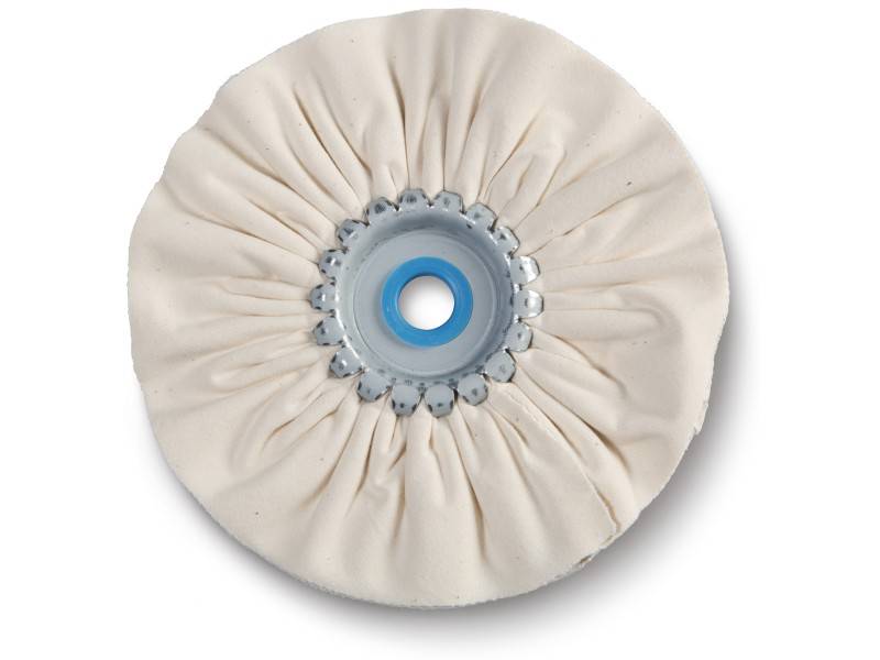 Un tampon de polissage rond, blanc, à surface pliée et avec un centre en plastique bleu. Idéal pour lisser et polir les surfaces.