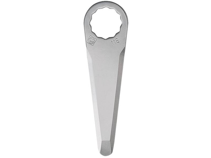Une clé à fourche en argent avec une ouverture hexagonale, adaptée pour utilisation sur des écrous ou des boulons de grande taille.