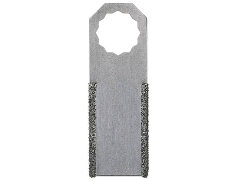Petite plaque de meulage en métal aux bords rugueux, rectangulaire avec un trou octogonal en haut, adaptée aux travaux de précision et aux zones difficiles d'accès.