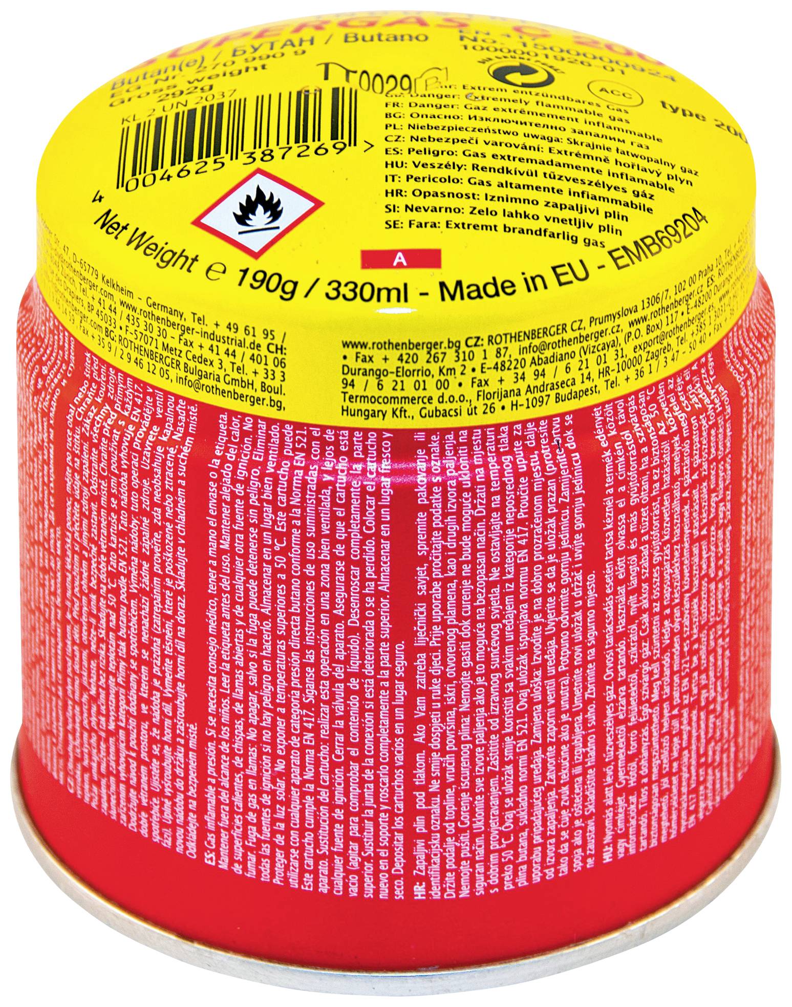 Cartouche de gaz butane rouge avec couvercle jaune. Symbole d'avertissement d'inflammabilité visible. Contenance : 190g/330ml. Fabriqué dans l'UE.