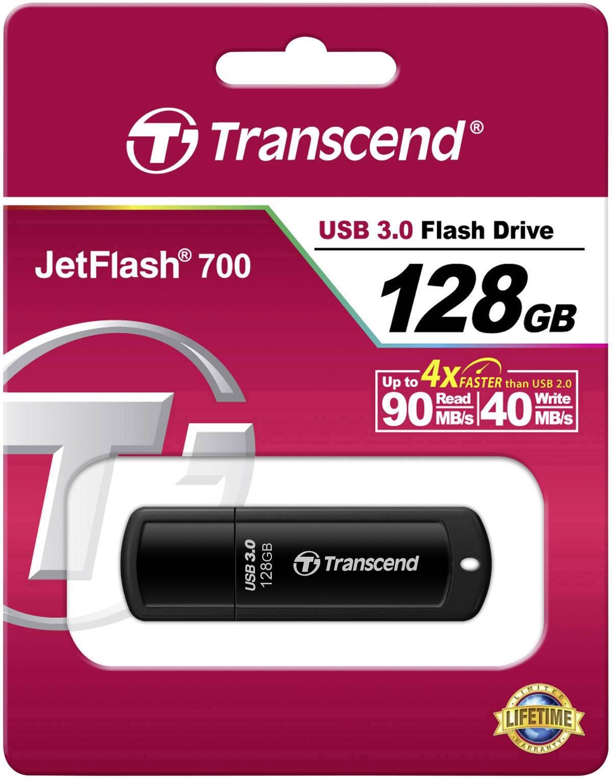 Clé USB 3.0, 128 Go, Transcend JetFlash 700, jusqu'à 4 fois plus rapide que l'USB 2.0, lecture 90 Mo/s, écriture 40 Mo/s.