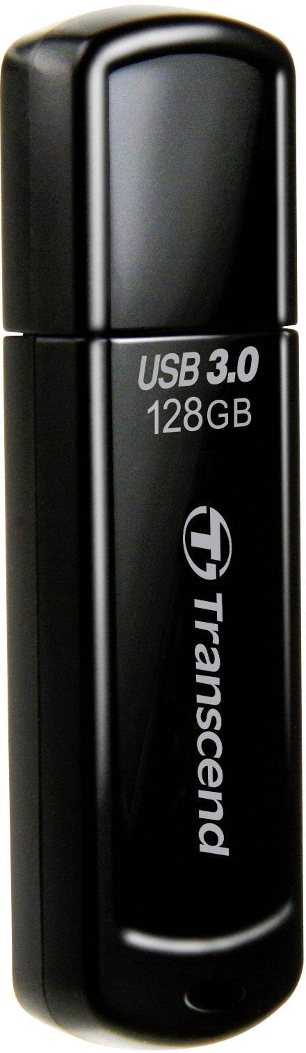 Une clé USB noire portant l'inscription « USB 3.0 128 Go Transcend ».
