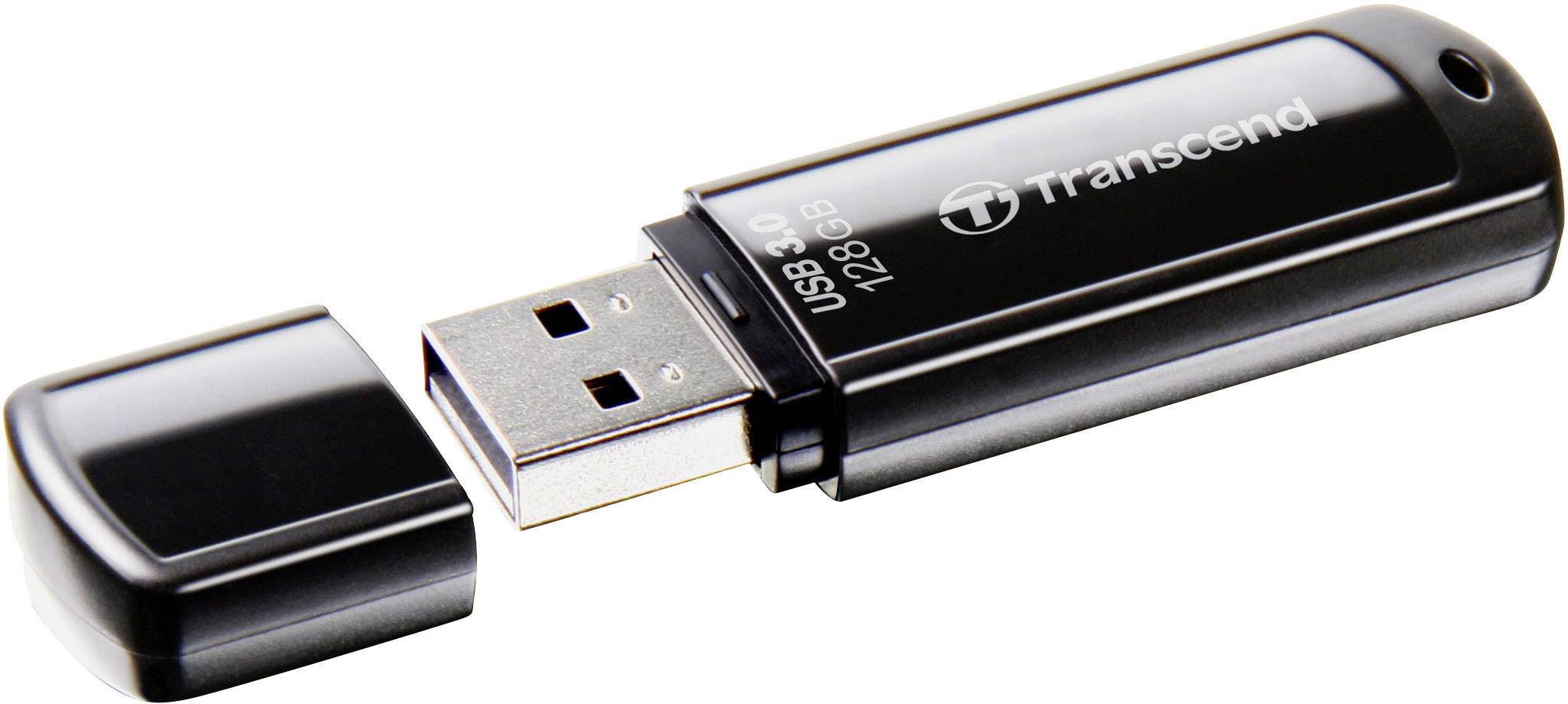 Une clé USB noire avec son capuchon retiré. Informations imprimées : « Transcend », « USB 3.0 », « 128 Go ».