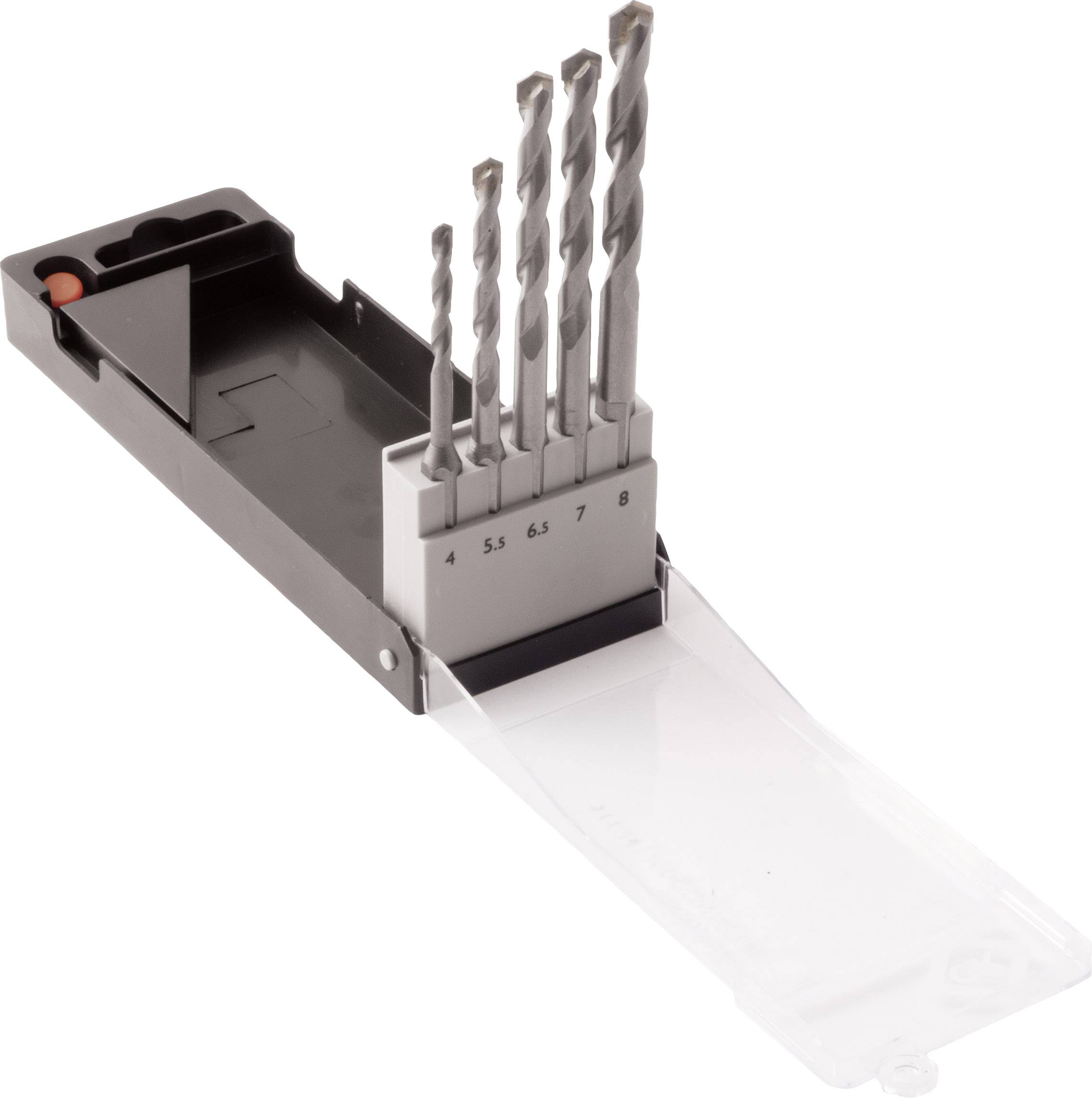 Ensemble de forets en métal de cinq tailles différentes dans un coffret noir avec couvercle transparent.