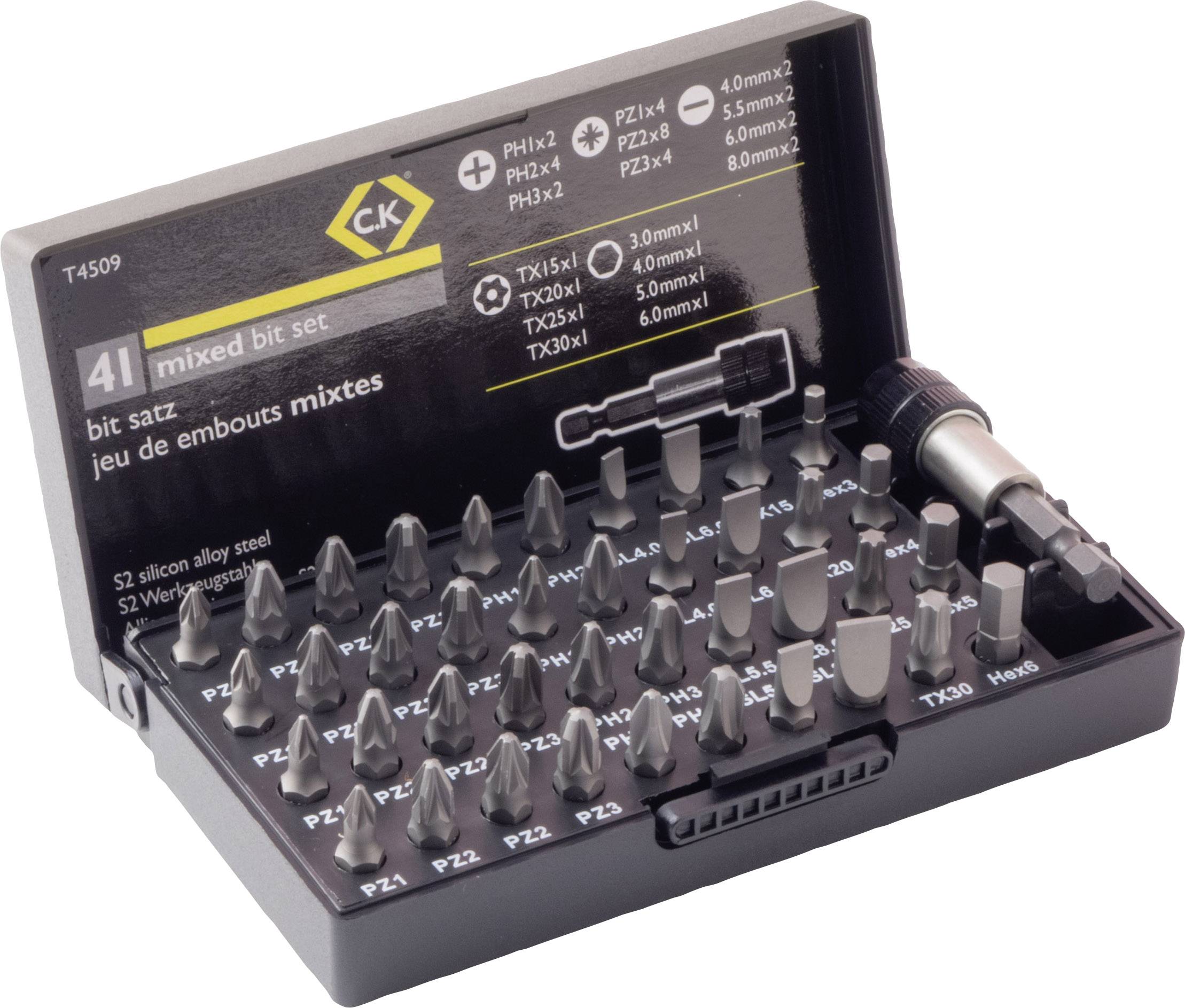 Coffret d'embouts de 41 pièces dans un étui noir, comprenant des embouts cruciformes et Torx de différentes tailles, avec adaptateur magnétique.